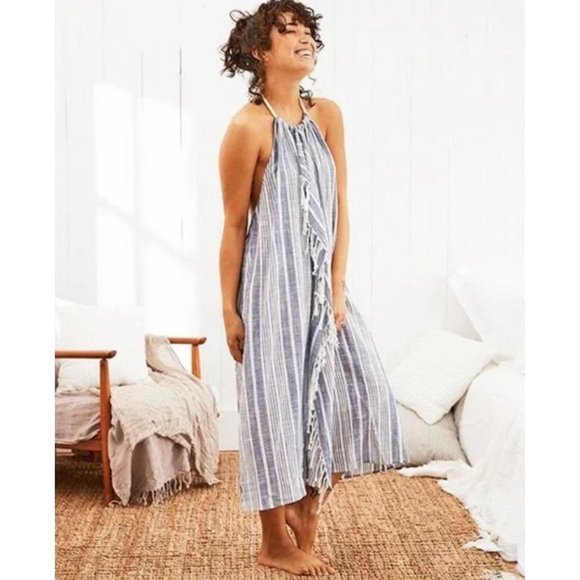 Aerie Womens Dress Rope Halter Backless Midi White Blue Stripe Fringe Sz XXS - Picture 6 of 6
